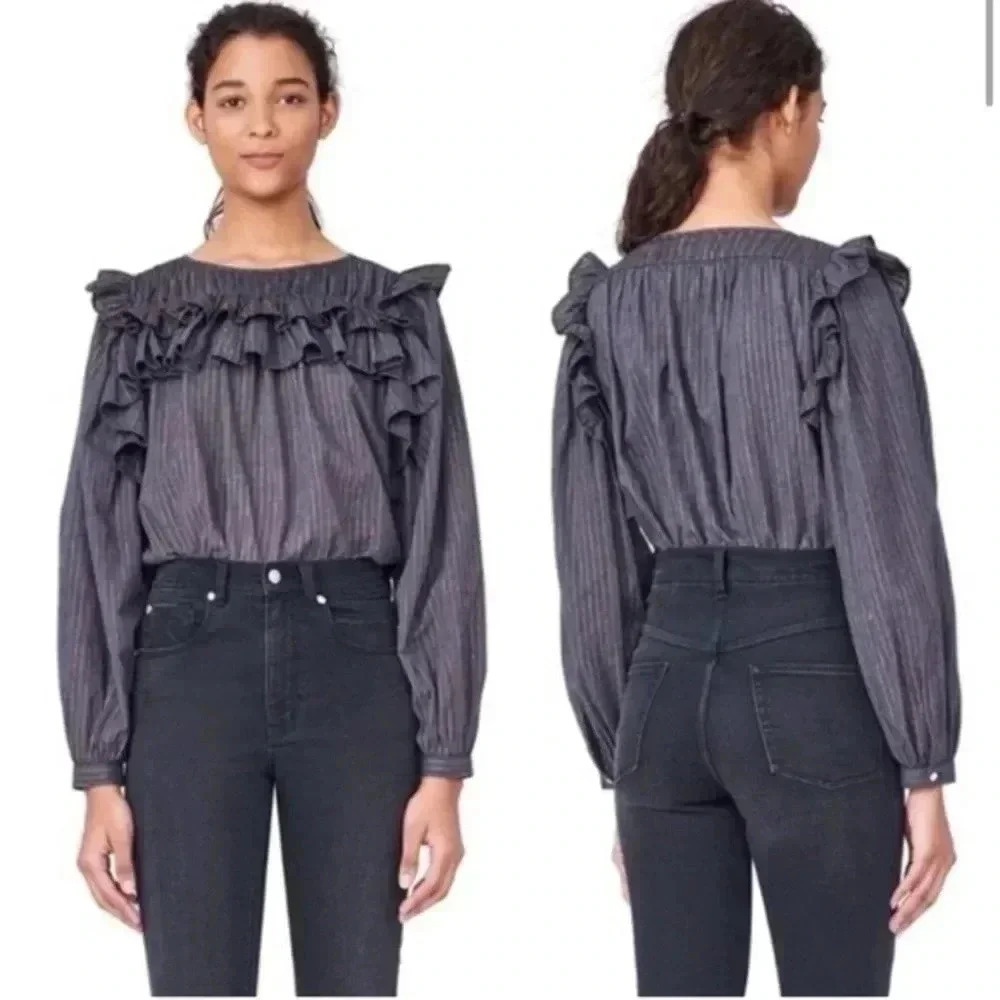 Rebecca Taylor La Vie Grey Metallic Stripe Lurex Gauze Ruffle Top Blouse Size XS